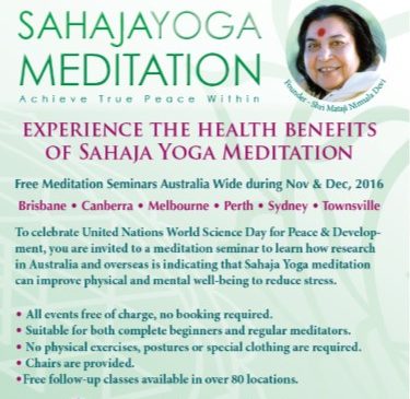 Health benefits of Sahaja Yoga Meditation – Australia wide Nov & Dec 2016